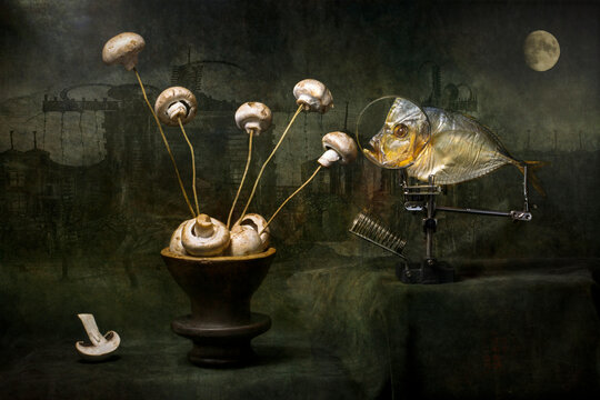 Still life with fish and mushrooms on sticks