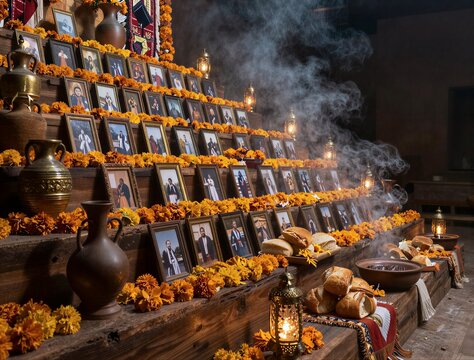 Tiered memorial displaying framed portraits with marigolds and offerings