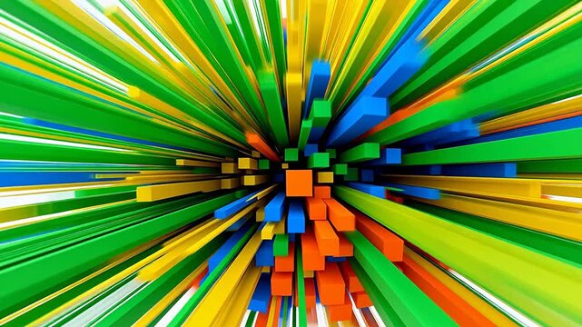 Colorful 3d geometric bars exploding outward from center on white background