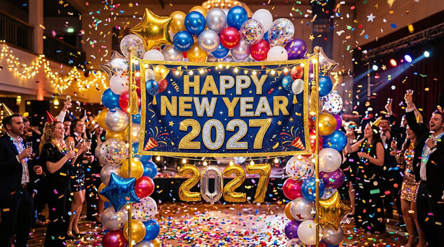 Happy new year 2027 banner celebration with colorful balloons and confetti