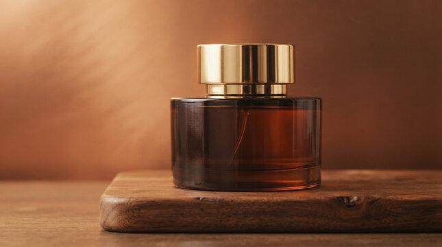 Brown glass perfume bottle with gold cap on wooden board