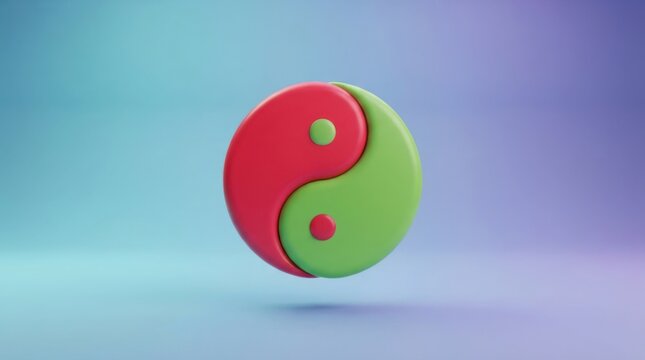3D render of a red and green Yin Yang symbol isolated on a soft gradient background