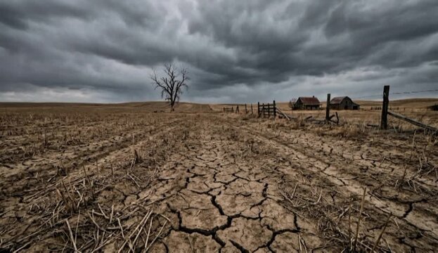 Severe drought in barren field with dry cracked soil mud texture landscape