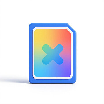 Rainbow SIM card icon with an 'X' mark 3D render isolated on white background