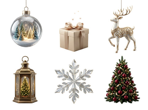 Elegant Christmas decorations set, 6 festive holiday elements, gold reindeer and winter ornaments