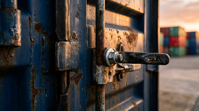 Close-up of a Rusty Blue Shipping Container Door Locking Mechanism at a Freight Terminal Port