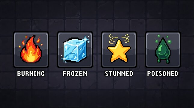 Pixel art status effect icons showing fire ice star poison