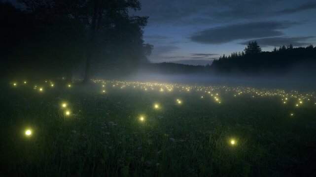 Magical twilight illuminates a vast meadow where thousands of glowing fireflies dance and twinkle amongst the tall grass creating an enchanting natural spectacle under a clouded night sky