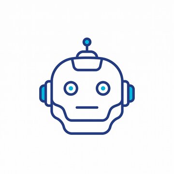 Robot head icon in flat line style, blue artificial intelligence chatbot avatar, futuristic android character symbol for technology and automation