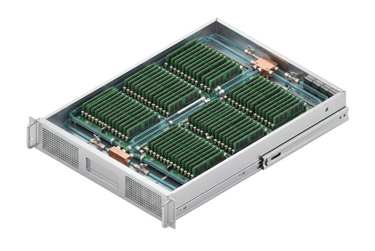 Open server blade chassis filled with green RAM modules on transparent background, rackmount motherboard hardware packed with DDR memory sticks. Enterprise server delivers high caching.