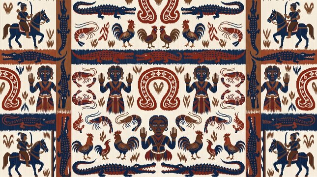 Layered Indonesian Ikat Textile Collage with Female Figure Snake Omega Motif Rooster Group and Crocodile &mdash; NTT Traditional Woven Panel in Cream Navy Red Brown Repeat Fabric Design