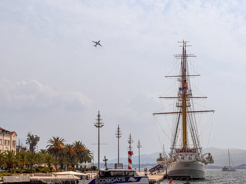 15.09.2026,Porto Montenegro.Jadran sailing ship at Porto Montenegro with an airplane in the sky