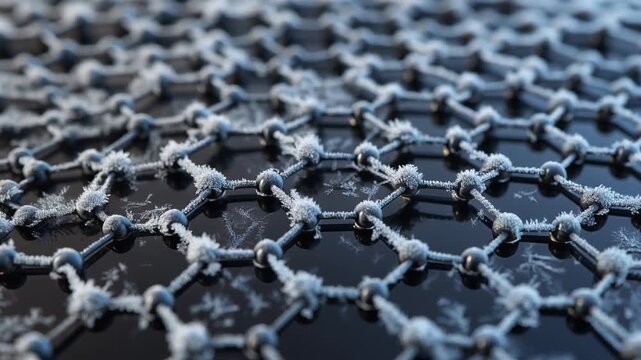 Intricate hexagonal atomic lattice structure of graphene, a remarkable two-dimensional carbon allotrope, visualized with frosted crystalline textures highlighting its nanoscale molecular