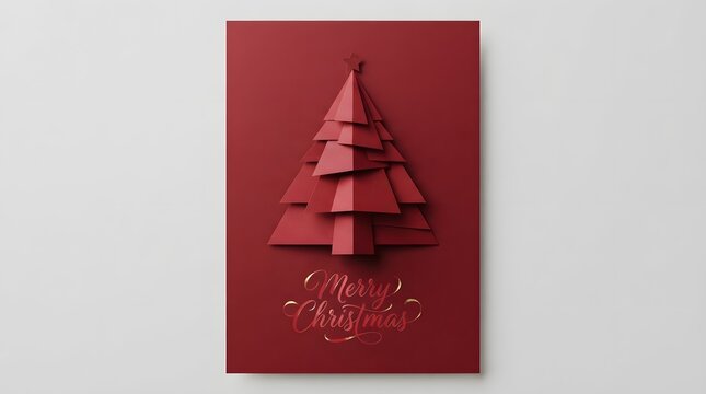 Monochromatic red christmas tree made of layered paper on a red background