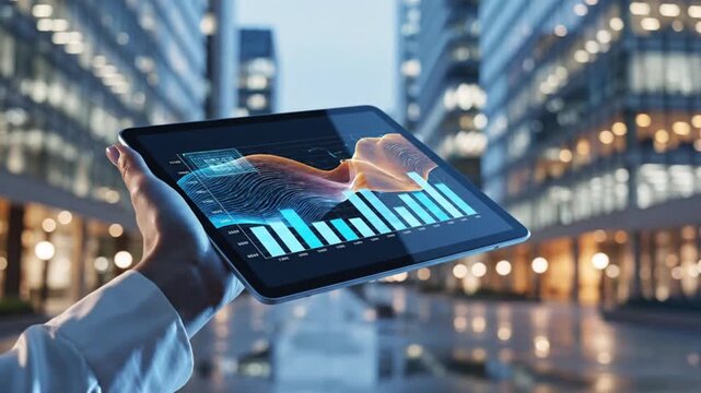 Professional holding tablet with animated data visualization graphs and glowing stock market indicators during evening city business motion video footage
