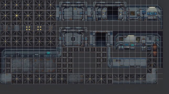Detailed top down spaceship floor plan with metallic texture and lights