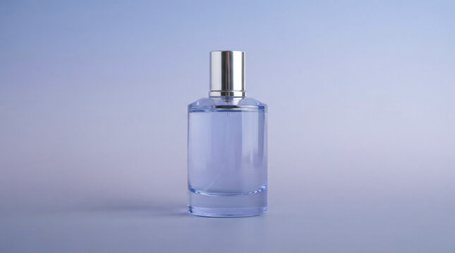 Light purple glass perfume bottle on a soft background with fragrance bottle