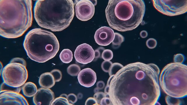 Vibrant microscopic view of numerous spherical biological cells with distinct nuclei and translucent membranes, exhibiting diverse sizes and subtle chromatic variations against a deep, amorphous