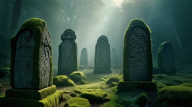 Ancient weathered standing stones, covered in verdant moss, evoke a mysterious and haunting atmosphere within a shadowy, mist-shrouded forest at dawn, hinting at forgotten rituals and a mystical