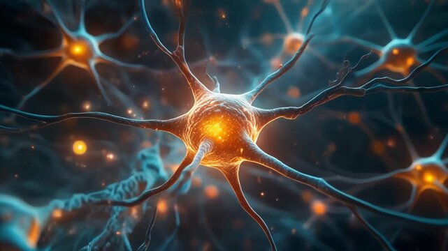 Intricate neural network visualization showcasing the vibrant electrical impulses and branching dendrites of interconnected nerve cells transmitting signals within the human brain, representing