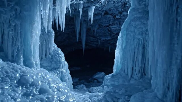 Frozen ice cave interior with icicles and snow formations, natural winter wonderland