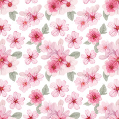 Fototapeta premium Soft pink floral pattern with watercolor blossoms and green leaves for decorative design.