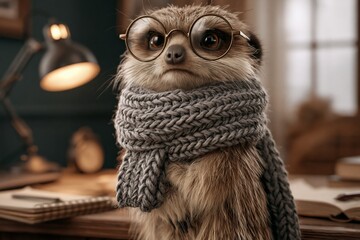 Obraz premium Stylish portrait of a pet meerkat wearing round glasses and a tiny scarf, sitting on a wooden desk, cozy home office background