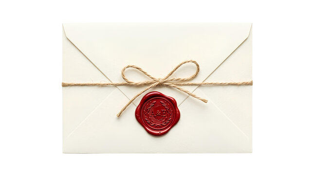 Closed white paper envelope tied with twine bow and red wax seal on transparent background