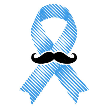 Blue awareness ribbon with black mustache, Movember and prostate cancer awareness symbol halftone illustration