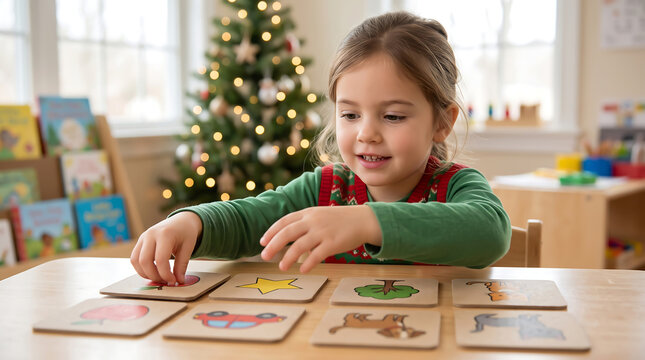 Preschool girl playing with wooden memory cards near a lit Christmas tree