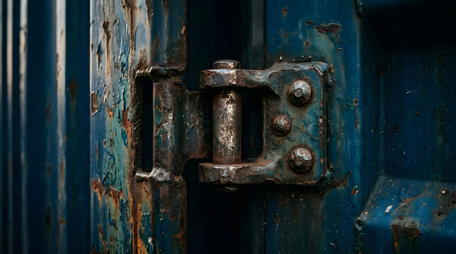 Close-up of a Weathered and Rusty Blue Metal Hinge on an Old Industrial Cargo Shipping Container
