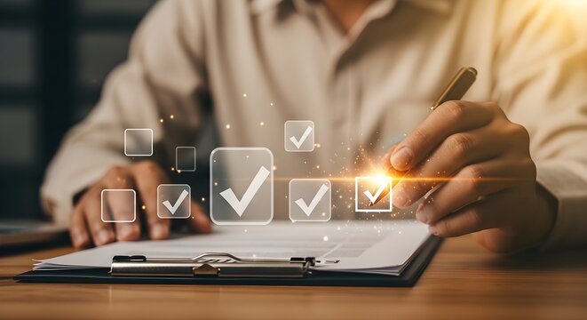 Professional Quality Assurance businessman hand marking digital check boxes on a clipboard with glowing light effects ideal for corporate compliance and project management.