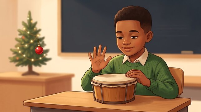 Little boy playing bongo drum in festive classroom during Christmas holidays
