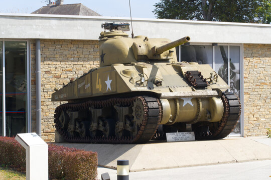 Sherman M4 A4 75 Channel Blues stank outdoor of Airborne Museum at French village of Sainte-M&egrave;re-&Eacute;glise on a sunny summer day. Photo taken July 16th, 2026, Sainte-M&egrave;re-&Eacute;glise, Normandie, France.