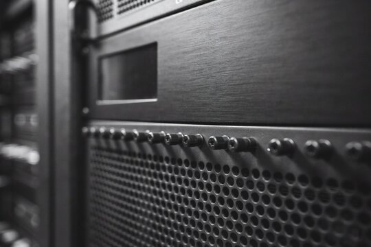 Macro of rack faceplate perforations and captive thumbscrews in a dim aisle