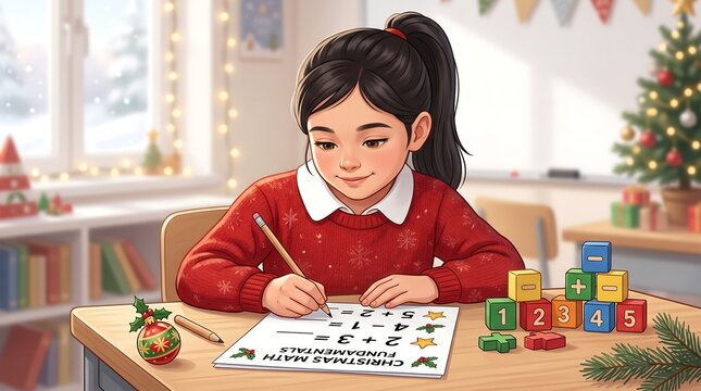 Little Girl Doing Christmas Math Homework in Classroom Setting