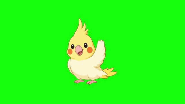 Cockatiel animated waving wing happily chirping 4k green screen background