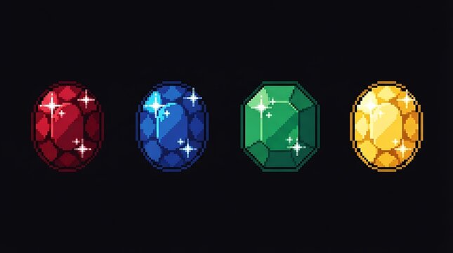 Vibrant pixel art gemstones featuring four distinct sparkling colored mineral crystals