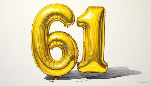 Golden foil balloons representing number sixty-one on white.