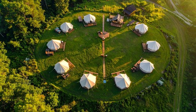 Aerial top-down view of a circular glamping campsite with white bell tents surrounded by green forest during golden hour