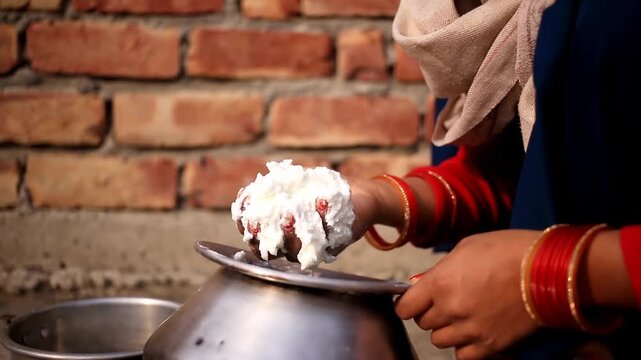 Human hand extracting fresh white butter from buttermilk using traditional bilona method which is traditional Vedic process of making pure desi ghee by churning curd instead of directly using cream at