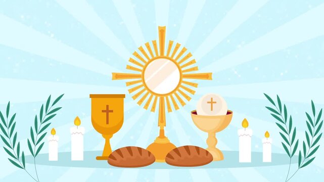 Catholic Eucharistic Adoration with Golden Monstrance and Chalice in a Reverent Church Animation Video