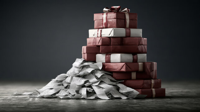 Elegant pile of christmas gifts transforming into discarded receipts representing holiday spending consumerism and financial waste