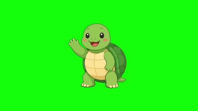 Turtle animated waving hand slowly smiling friendly 4k green screen background
