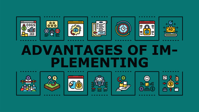 Advantages of implementing banner infographic. Optimization consistency, benefits accuracy, implementation scalability icon vector illustration