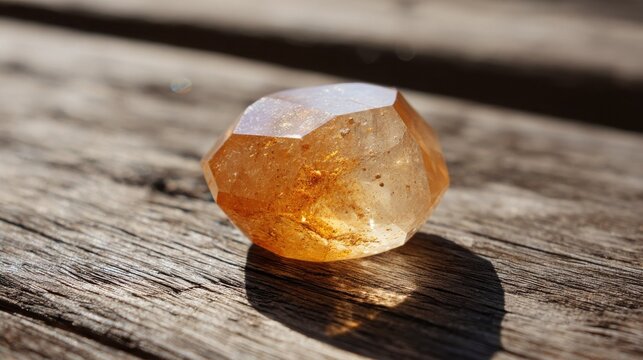 A faceted citrine gemstone with golden aventurescence resting on a textured wooden surface
