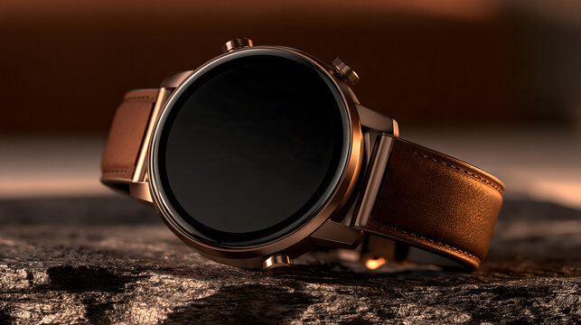 Extreme close-up product photography of a blank sleek modern smartwatch face mockup resting on dark slate stone, premium technology presentation template