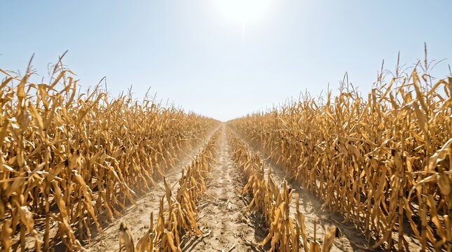 Golden Cornfield Under Bright Blue Sky with Sunlight Shining Above