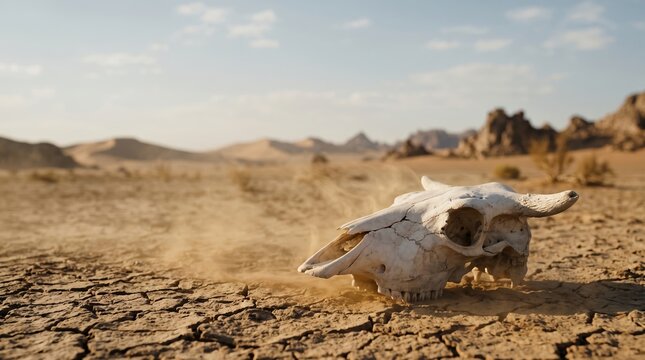 Dried Animal Skull on Cracked Desert Ground Surrounded by Harsh Landscape