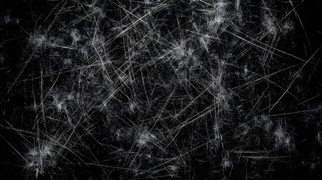 Abstract Grunge Scratch Marks Texture Overlay on Black Background for Distressed Industrial Design Elements
